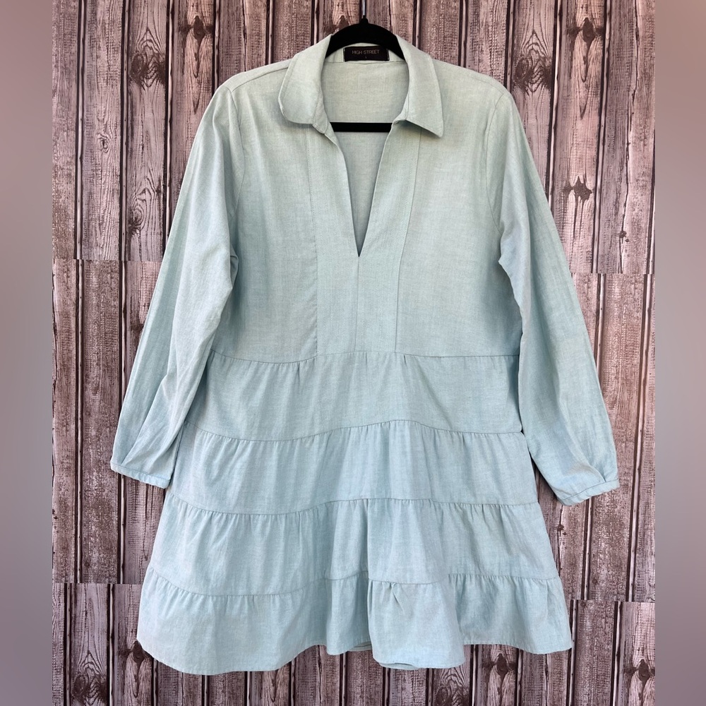 Hight Street Flounce Ruffle Hem Flowy Swing Shirt Dress Blue/Green Size‎ L